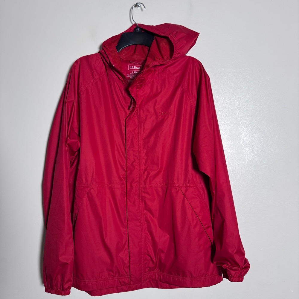 L.L.Bean‎ Windbreaker Rain Jacket Mens L Red Solid Hooded Full Zip Shell 510331
